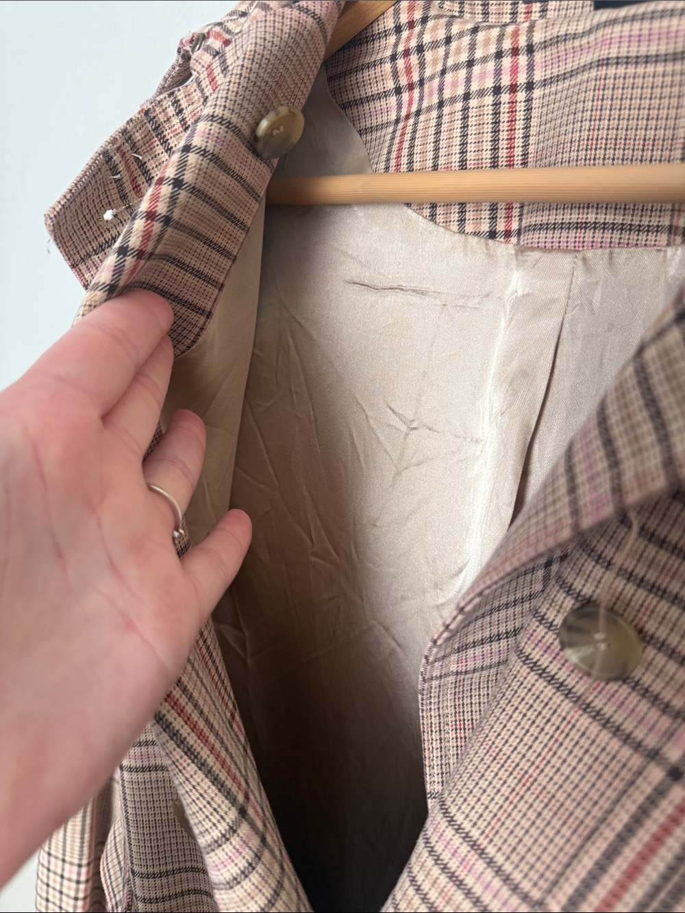Express Design Studio Plaid Double-Breasted Trench Coat - Pink/Tan small - Picture 6 of 11